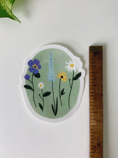 Oval Wildflower Sticker, Floral Stationary, Waterproof, Weather Resistant, Dishwasher Safe, Clear Background