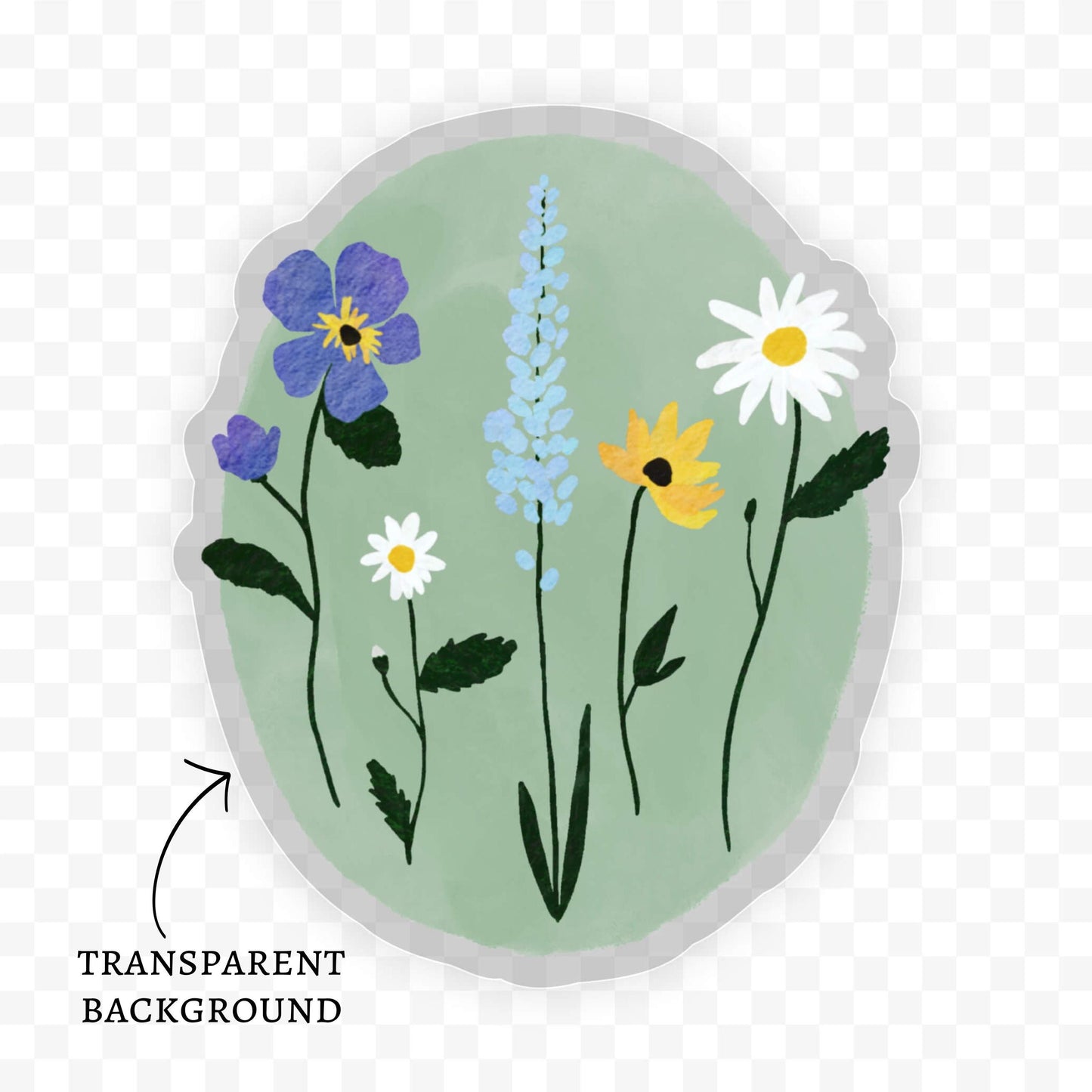 Oval Wildflower Sticker, Floral Stationary, Waterproof, Weather Resistant, Dishwasher Safe, Clear Background