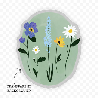 Oval Wildflower Sticker, Floral Stationary, Waterproof, Weather Resistant, Dishwasher Safe, Clear Background