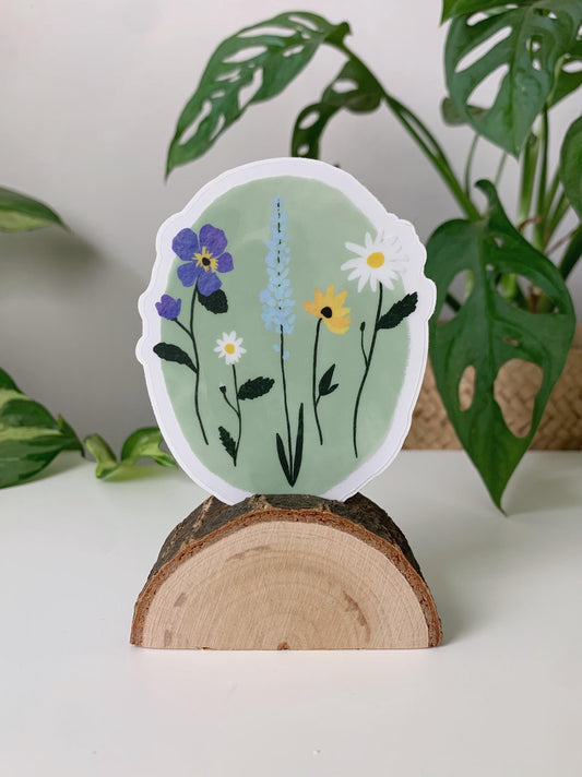 Oval Wildflower Sticker, Floral Stationary, Waterproof, Weather Resistant, Dishwasher Safe, Clear Background