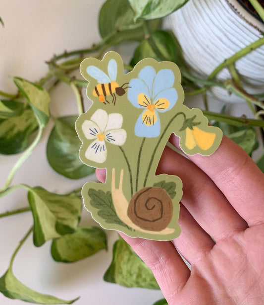 Pansy Snail Sticker | Floral Cottagecore Decal | Durable Waterproof Vinyl